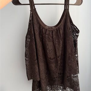 Lace Overlay Scoop Neck Tank Top - Black